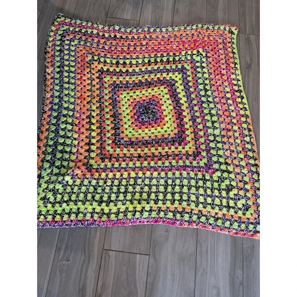 Handmade Rainbow Neon‎ Afghan Blanket Crochet 52x52 Throw Psychedelic Mid-Weight